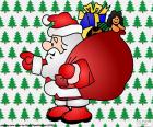 Σχέδιο του Papa Noel φορτωμένο με την τσάντα γεμάτη από δώρα και το χριστουγεννιάτικο δέντρο Ταμείο